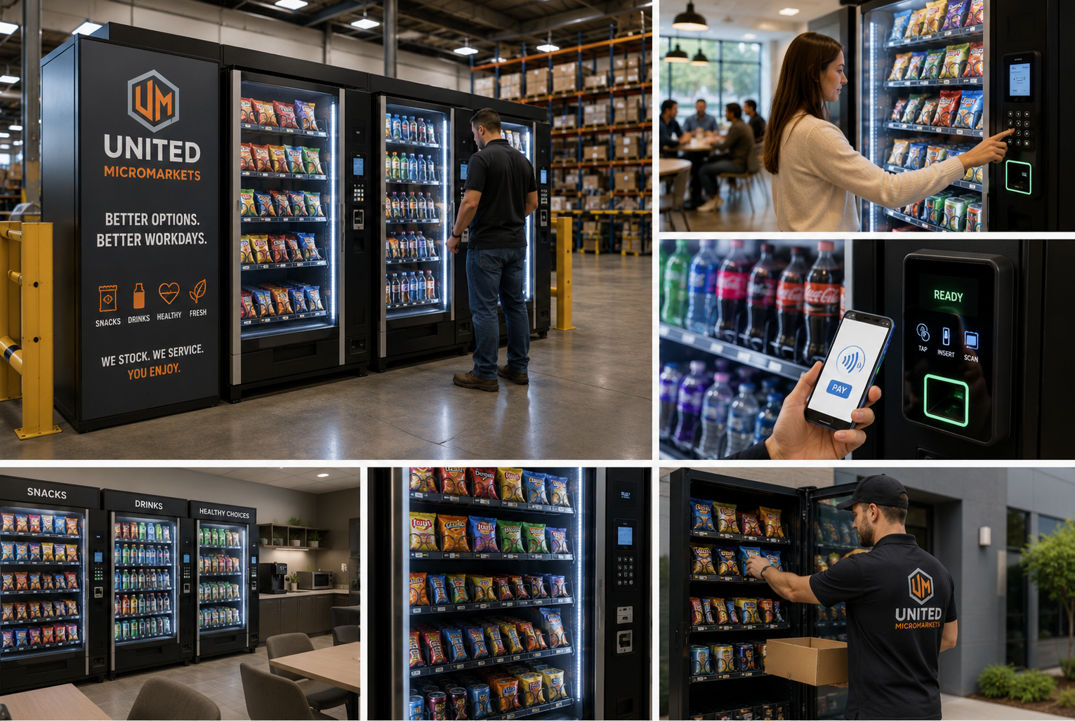 Snack and beverage vending machines for warehouses