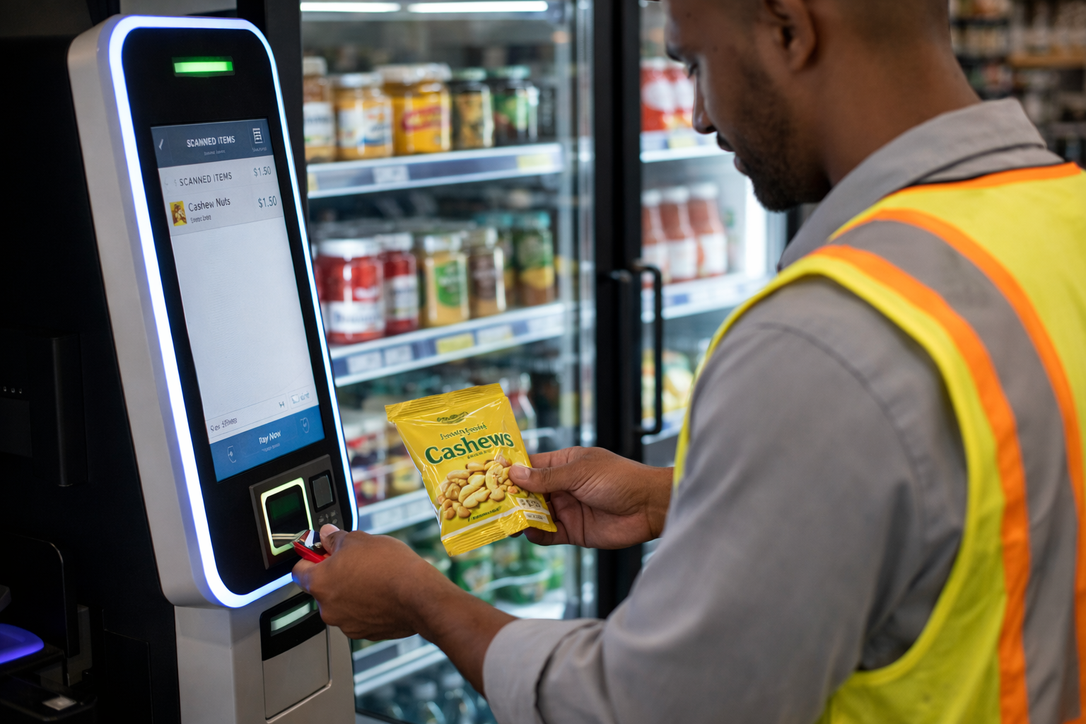 Employee scanning products at a smart cooler kiosk