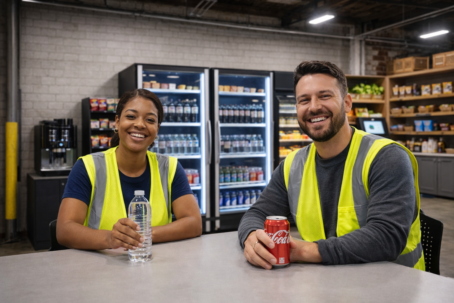 Employees enjoying a workplace micro market breakroom with snacks and beverages