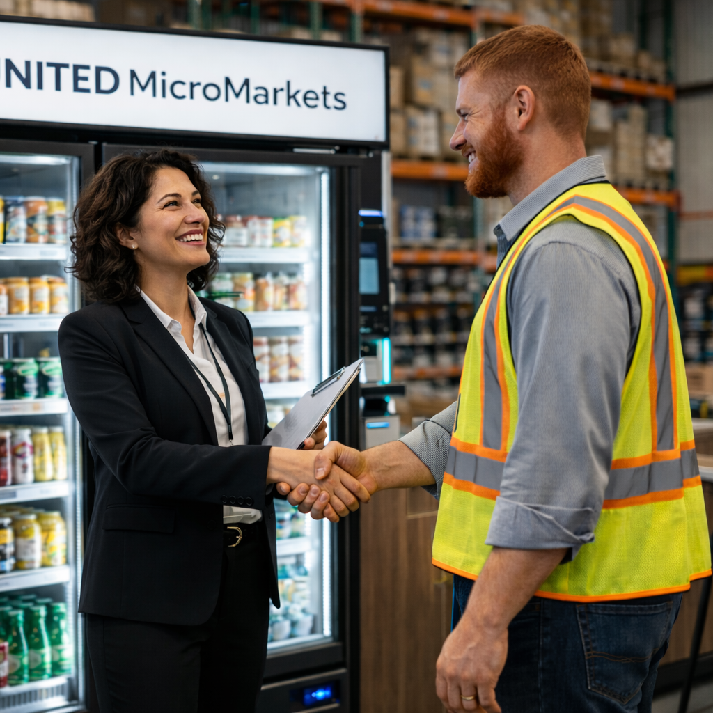 Business owner discussing micro market and vending machine installation in workplace