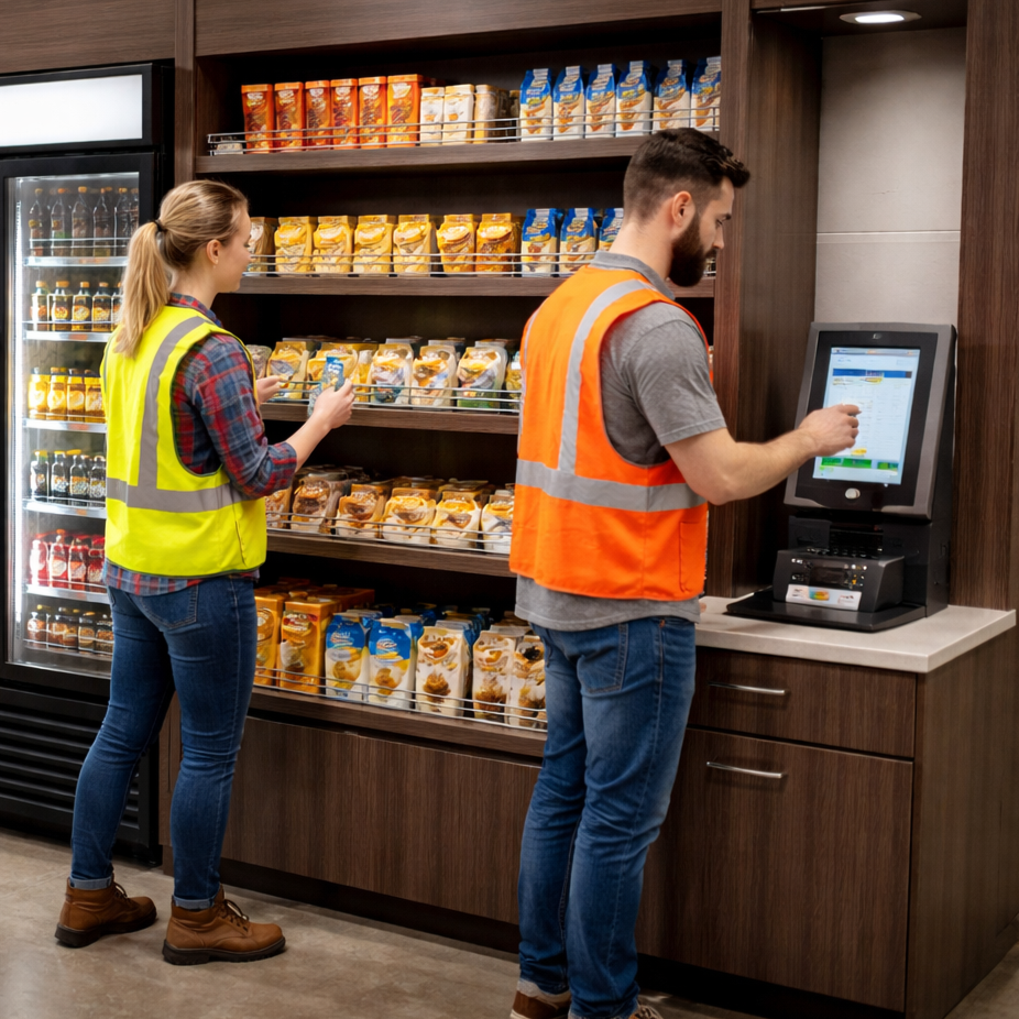 Employees using a micro market with snacks and self checkout in a workplace