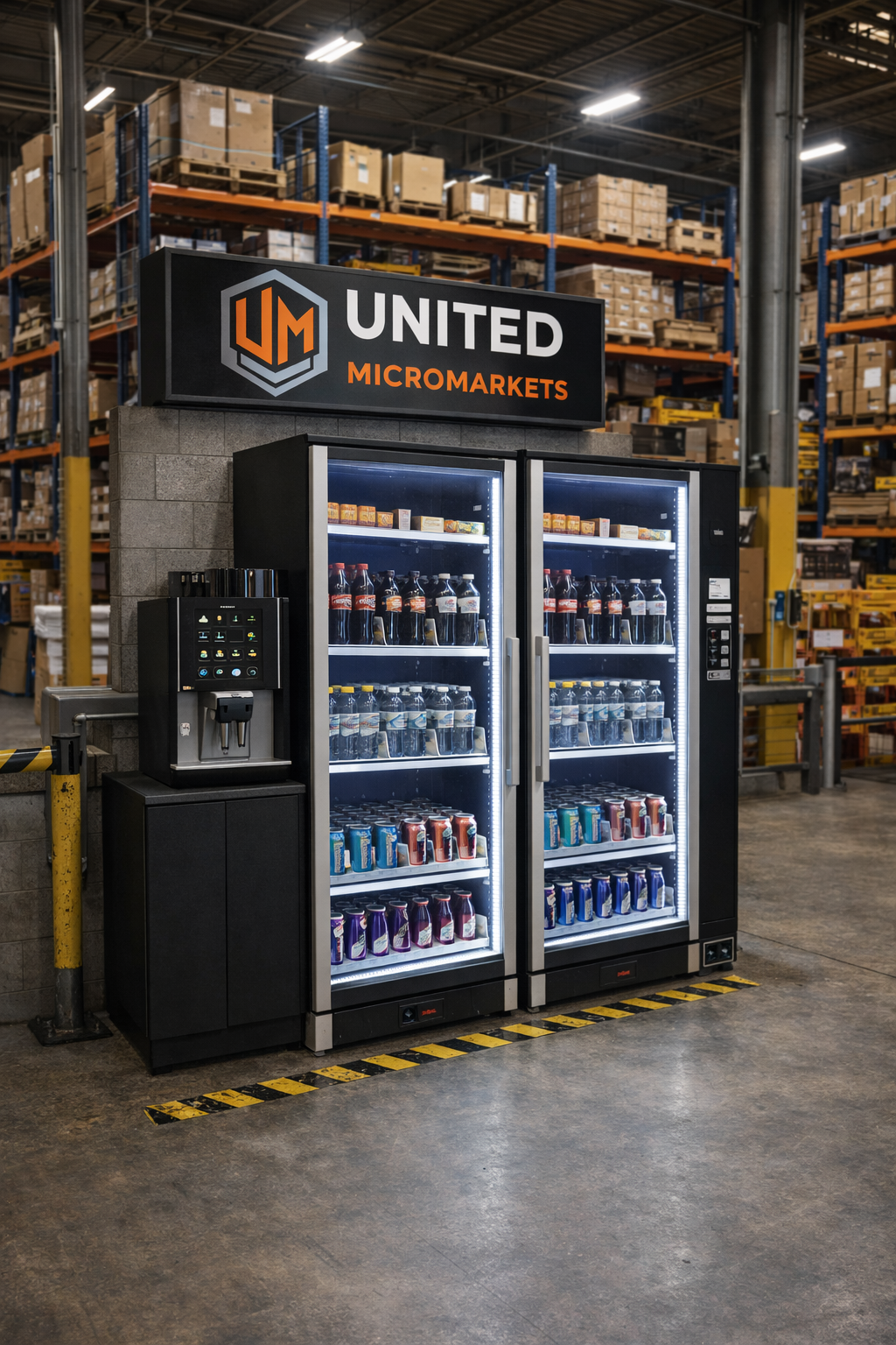 Employee using smart coolers and freezers in a modern workplace breakroom