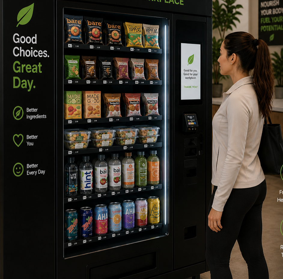 Healthy vending machine stocked with fresh salads, snacks, and beverages