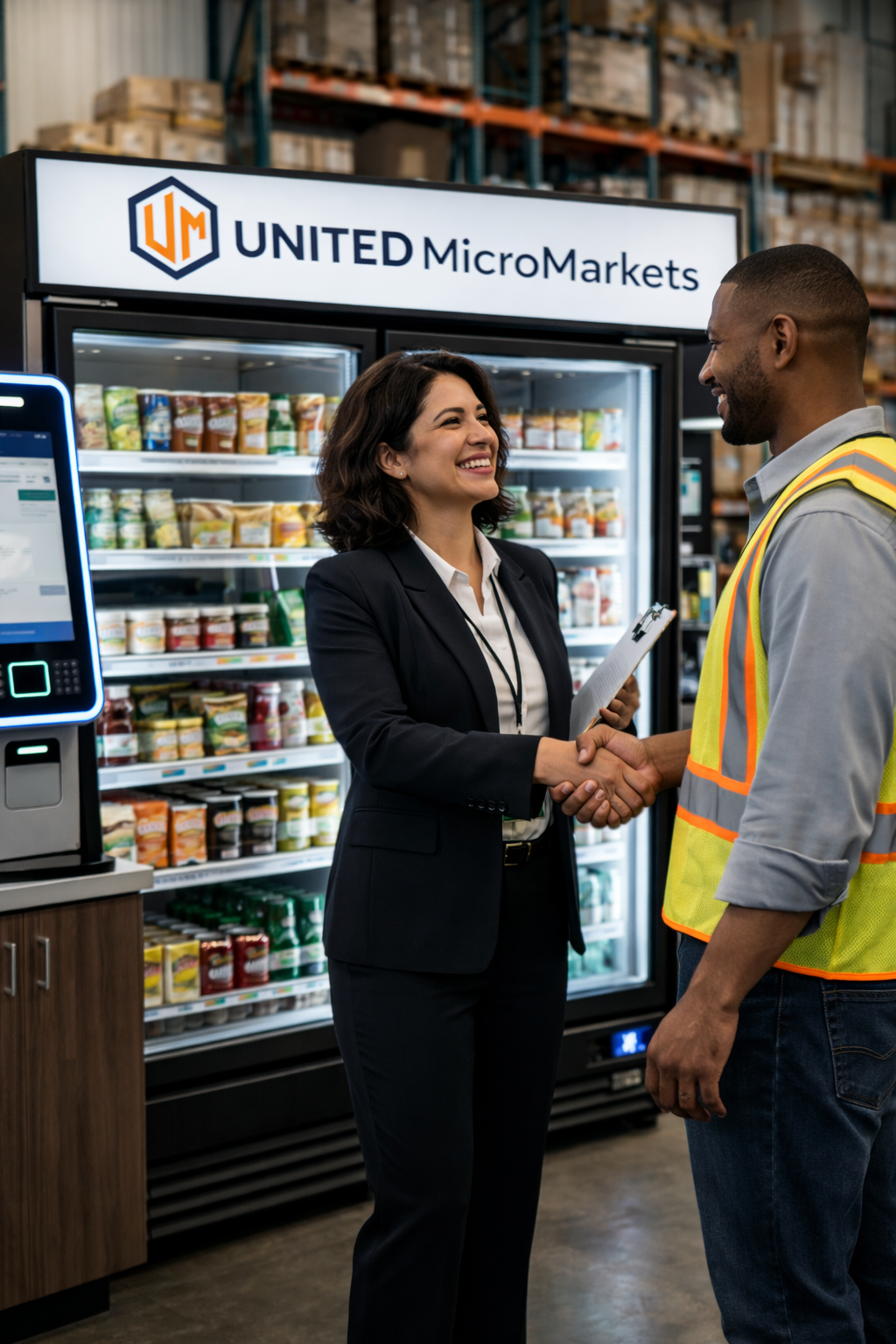 Business meeting for workplace micro market installation in a breakroom environment