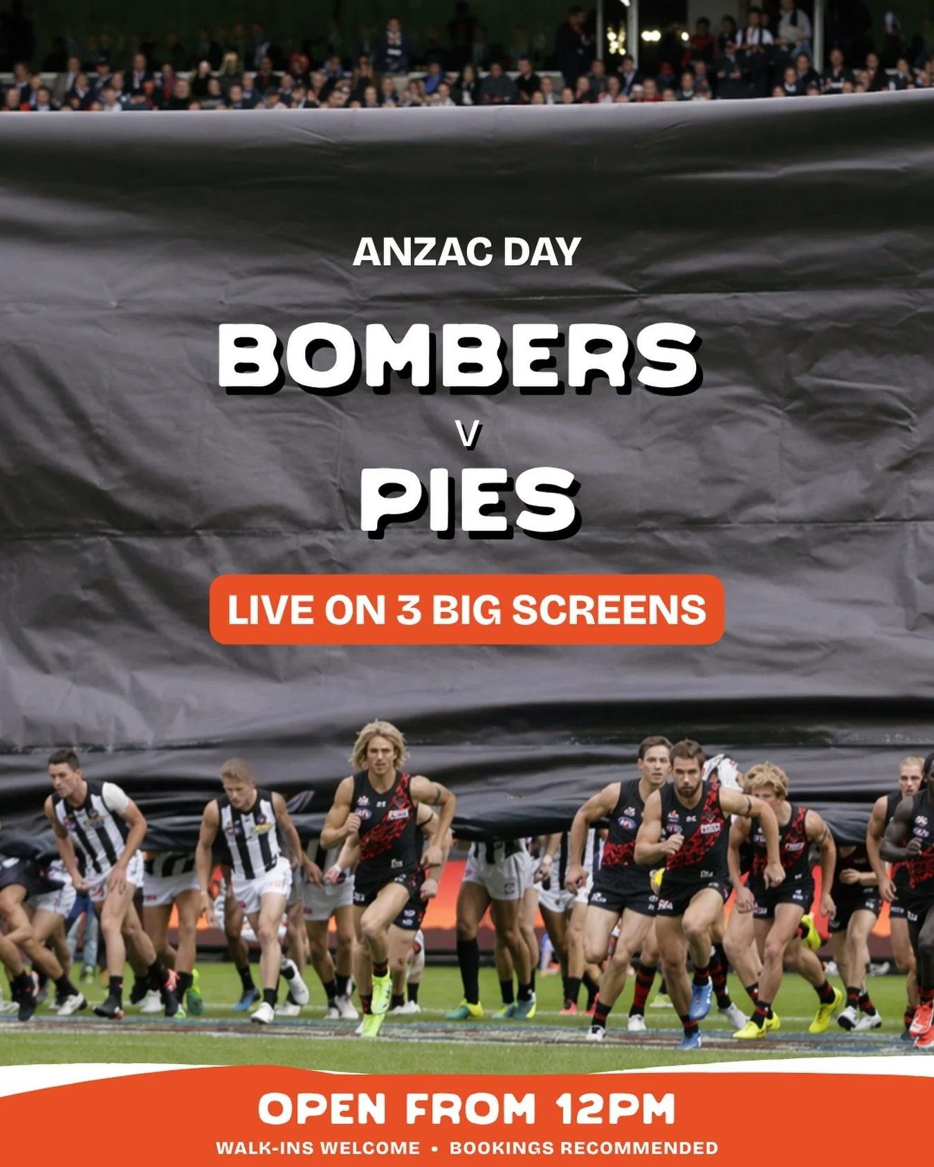 Open as usual this Anzac Day

BOMBERS v PIES live on 3 big screens from 12pm

Come in, grab a spot, and settle in for the game.

Who are we barracking for?