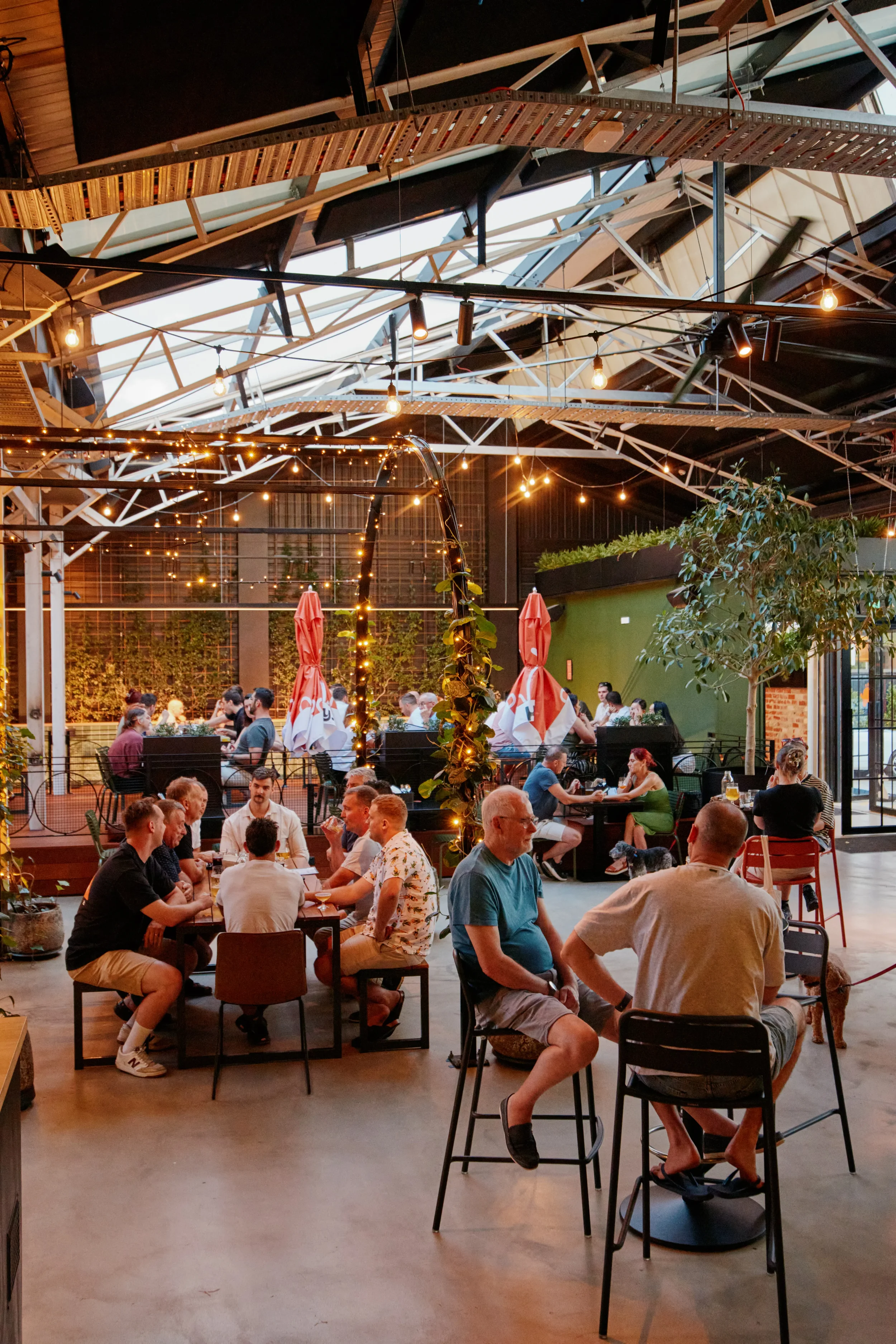 Interior of a lively, modern restaurant or bar with people socializing and dining, illuminated by string lights and featuring greenery and a glass ceiling.
