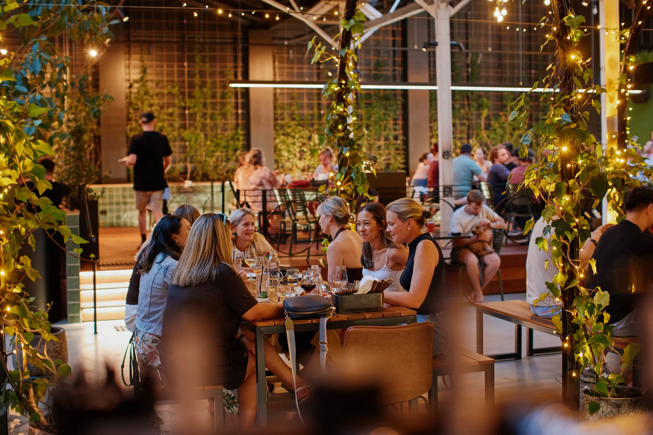 People dining at tables in a lively outdoor restaurant with string lights and hanging plants.
