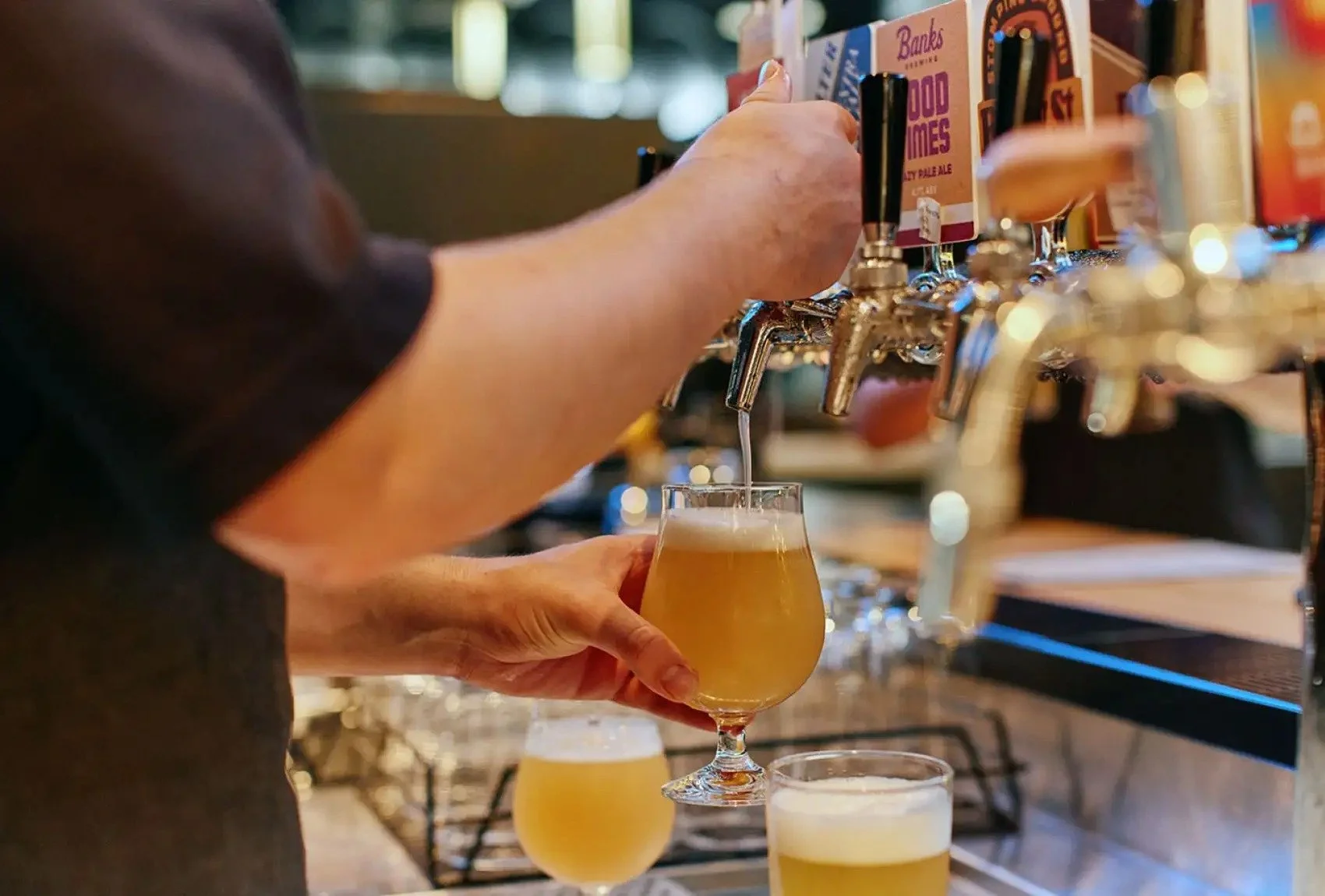 A person pouring a glass of beer at a bar with multiple beer taps.