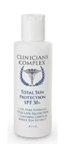 A white bottle of Clinician's Complex Total Sun Protection SPF 30+ with a flip-top cap