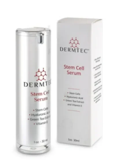 A skincare product called Dermtec Stem Cell Serum in a silver cylindrical bottle with a pump, alongside its white packaging box.