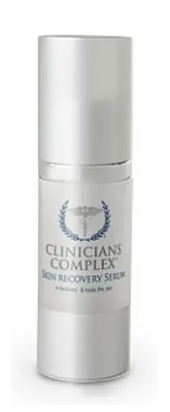 Clinicians Complex Skin Recovery Serum in a white pump bottle.