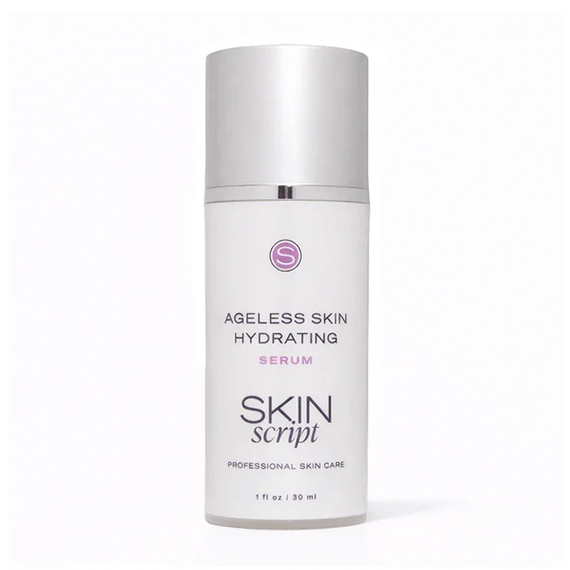 A white skin care product bottle labeled 'Ageless Skin Hydrating Serum' by Skin Script, with a silver cap.