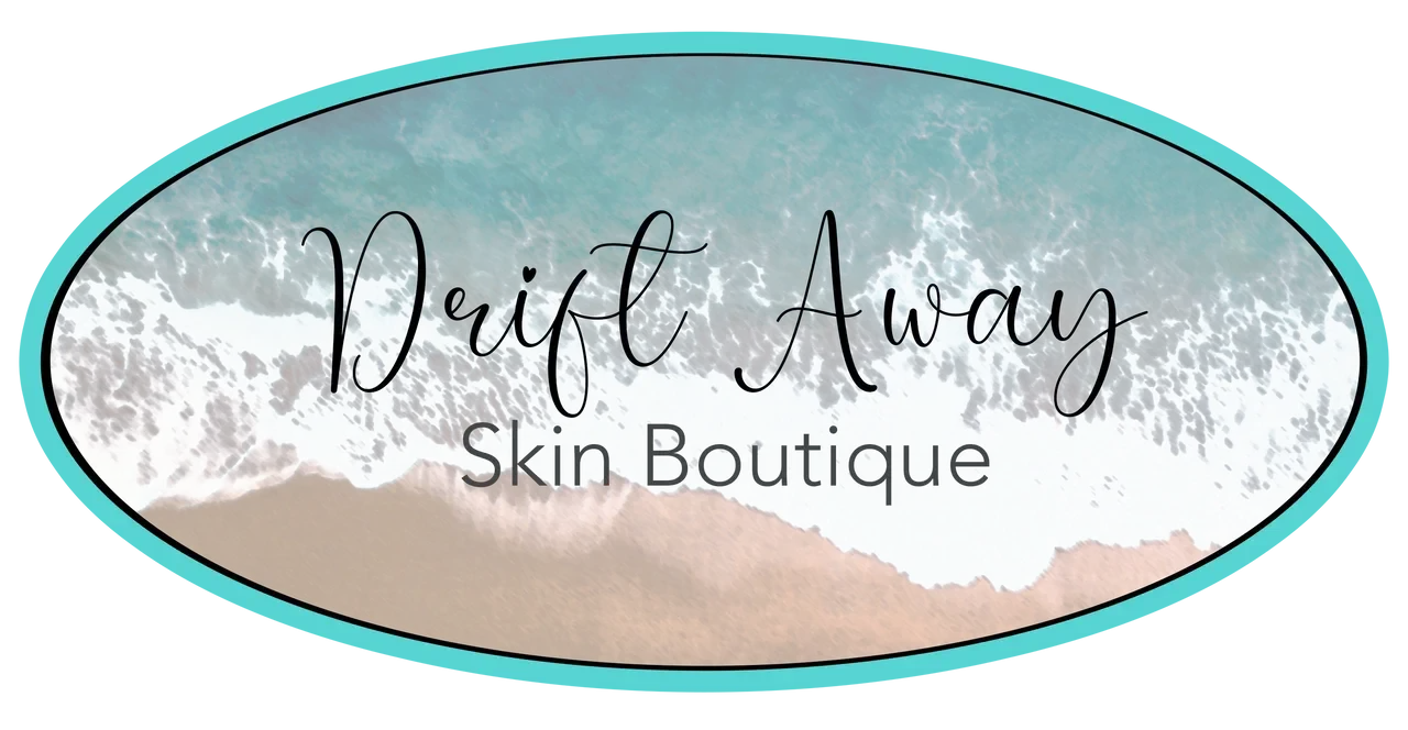Logo for Drift Away Skin Boutique with background of an aerial view of ocean waves crashing onto a sandy beach