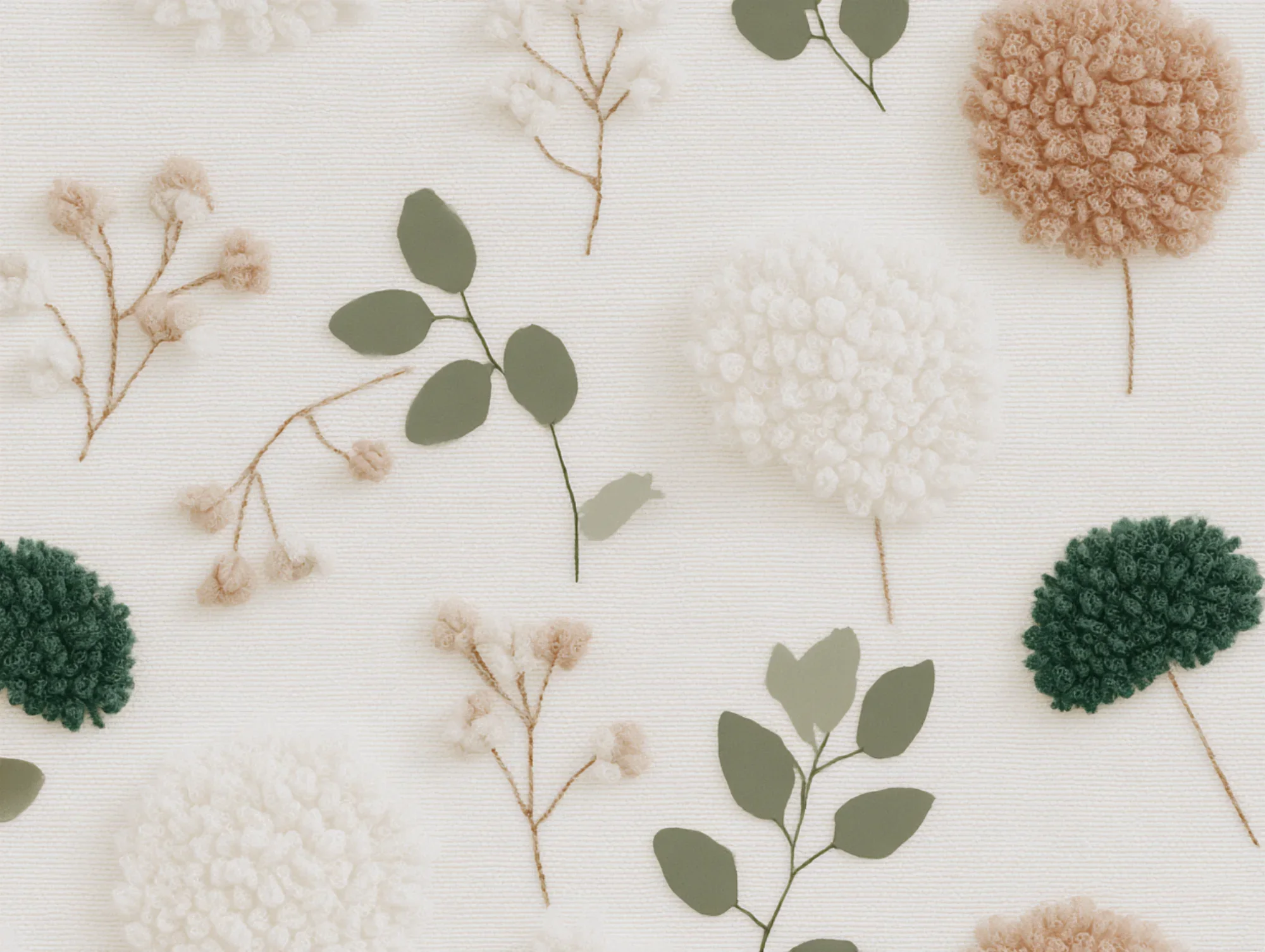 decorative crochet or textile pattern on a cream background, with fluffy white peony flowers, and sewn branches with sage green and tan accent colors