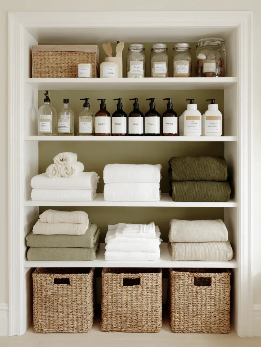 organized supply closet of cleaning supplies, linens & towels, bottles of cleaner, and wicker storage baskets