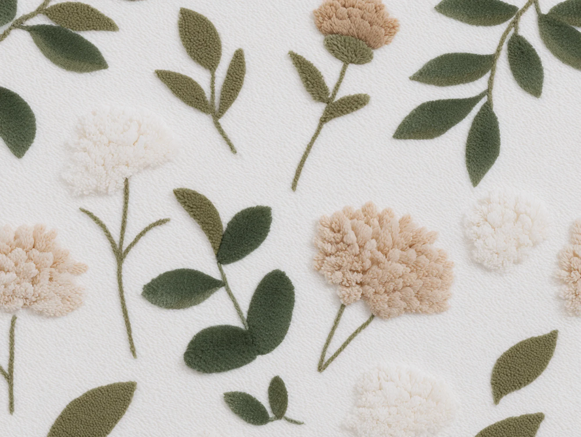 a decorative crochet or textile pattern featuring peach and white peony flowers, along with small green branches with leaves on a warm white background