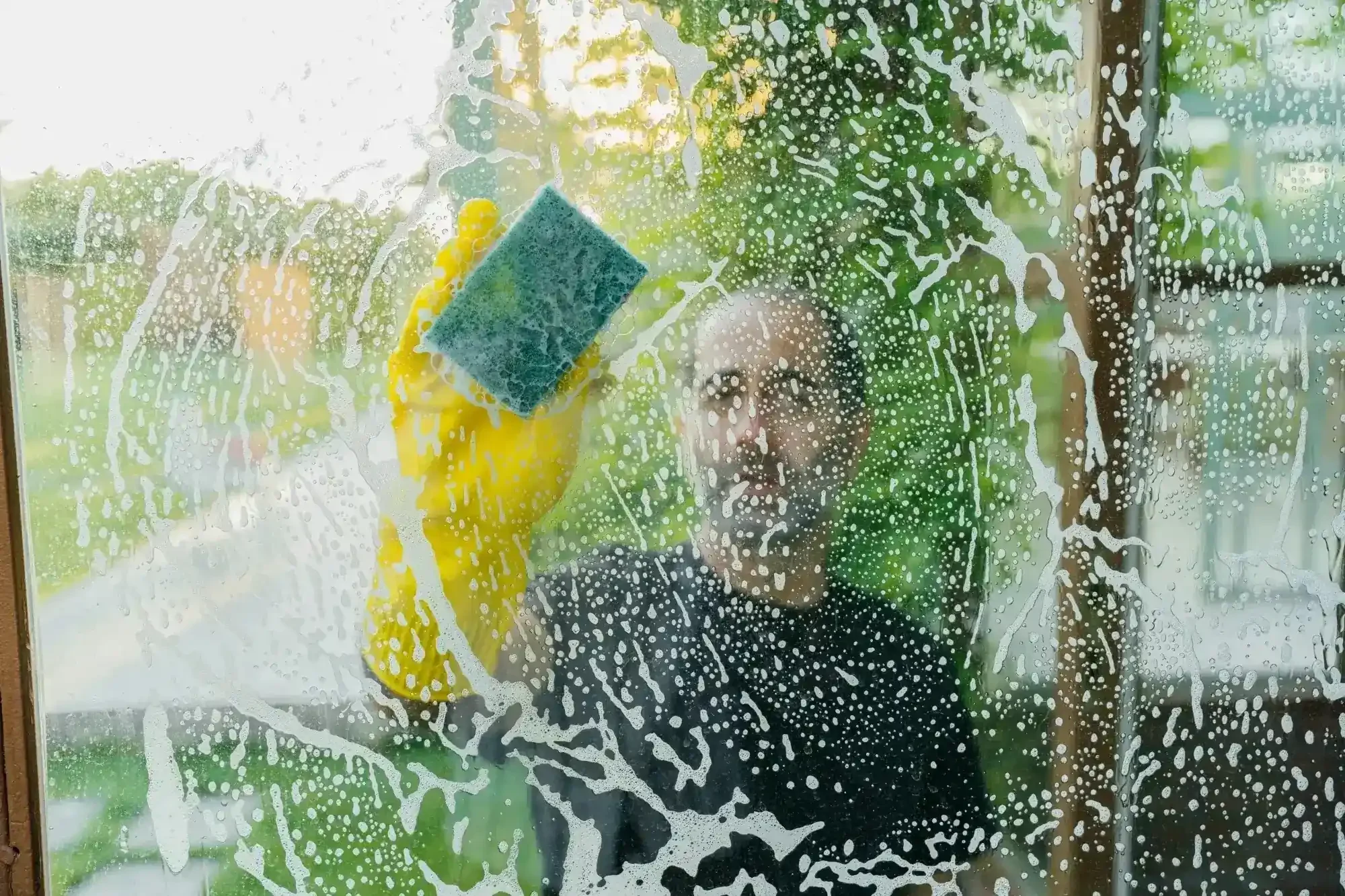 Cleaner scrubbing exterior windows during a one-time deep cleaning service