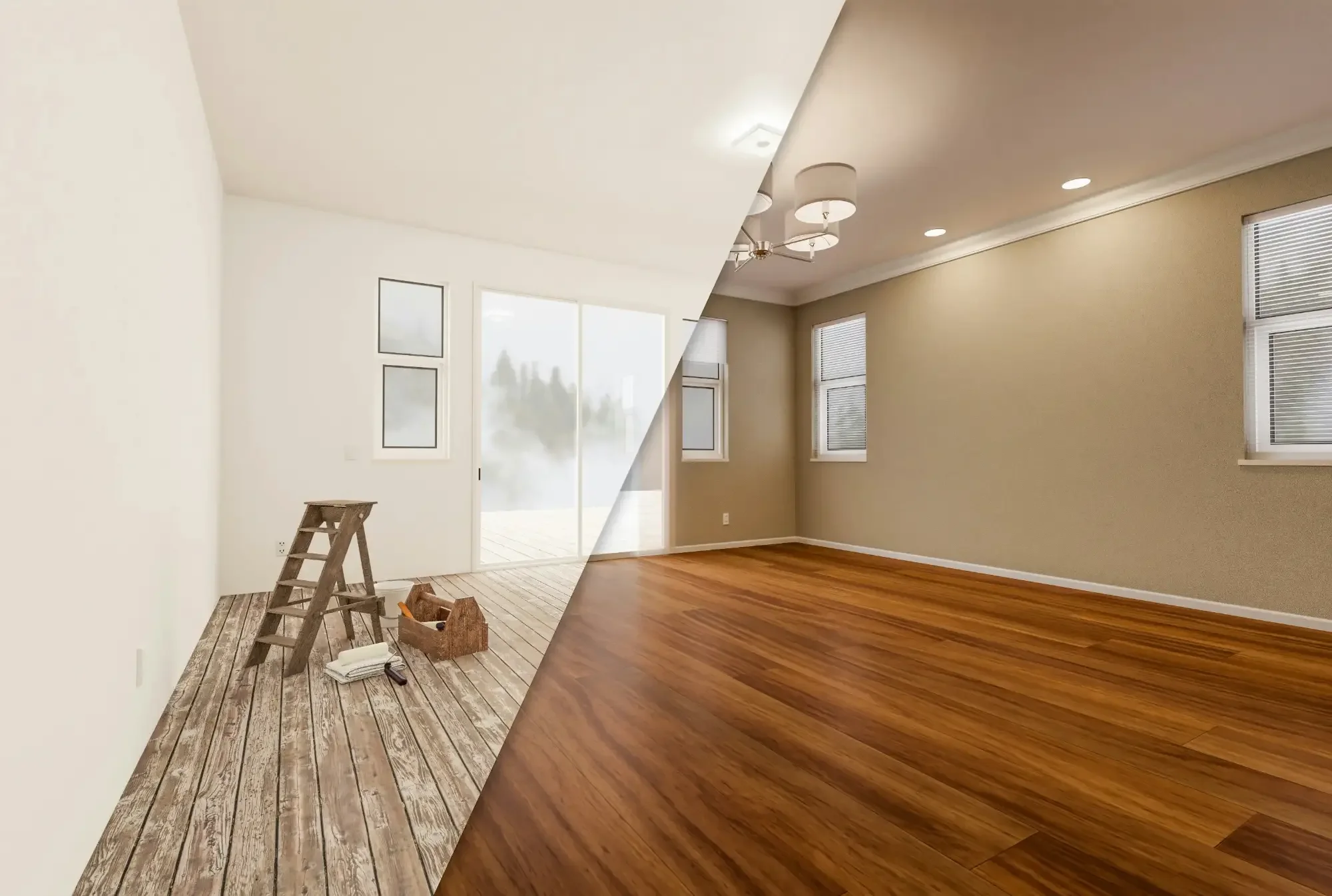 A split view of a room—one side under renovation, the other spotless after post-construction cleaning services with hardwood floors and beige walls.
