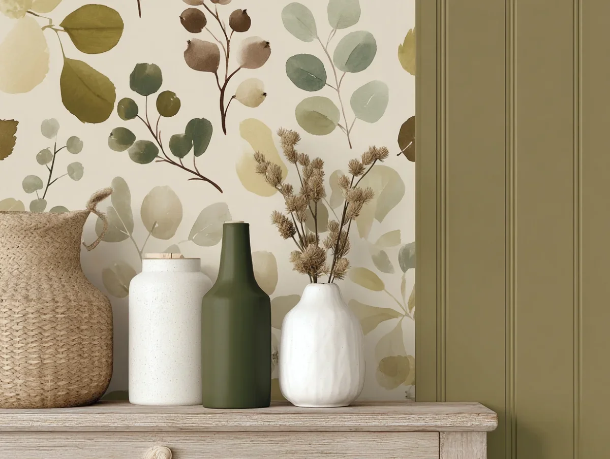 decorative images of patterned wallpaper with shelf in front, storing various green or white ceramic vases, some filled with floral arrangements