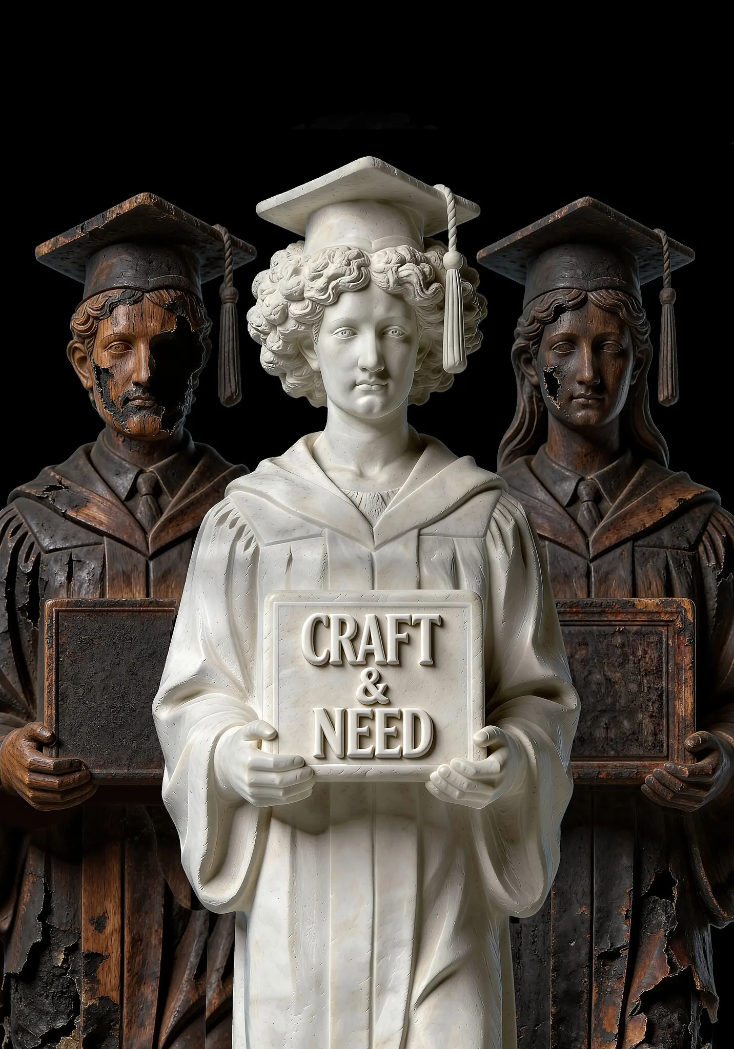 An image of a statue depicting a college graduate holding a placard that reads "craft and need"