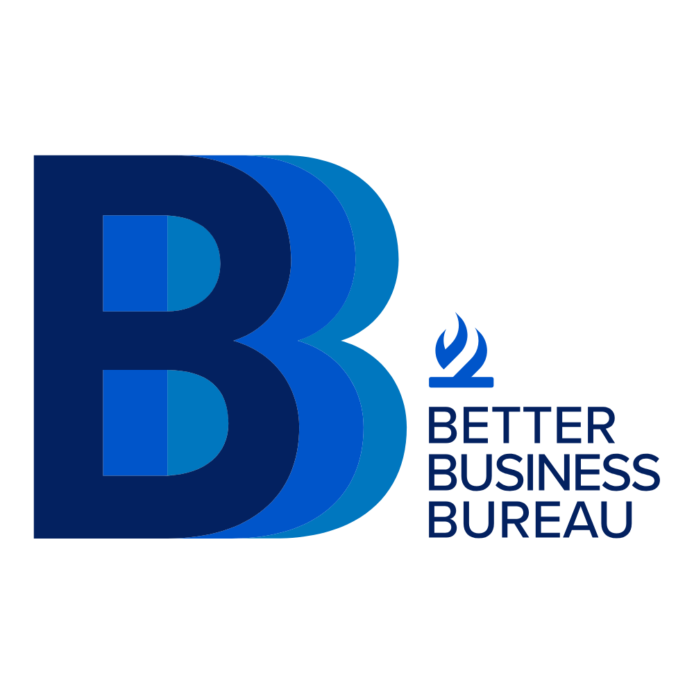 The logo of Better Business Bureau featuring a large stylized letter 'B' in dark and light blue, with a smaller icon of a flame or torch above the text 'Better Business Bureau' in blue.