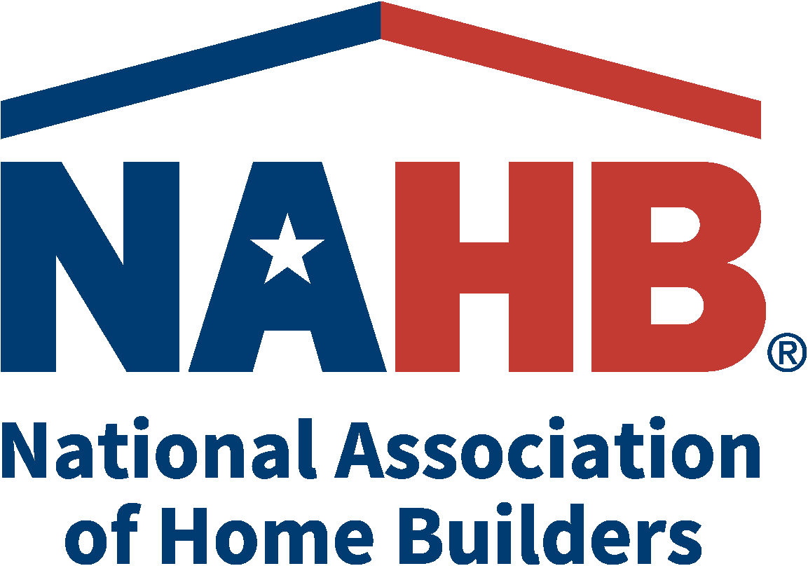 Logo of the National Association of Home Builders with a red and blue house roof graphic and large red and blue abbreviated letters NAHB.