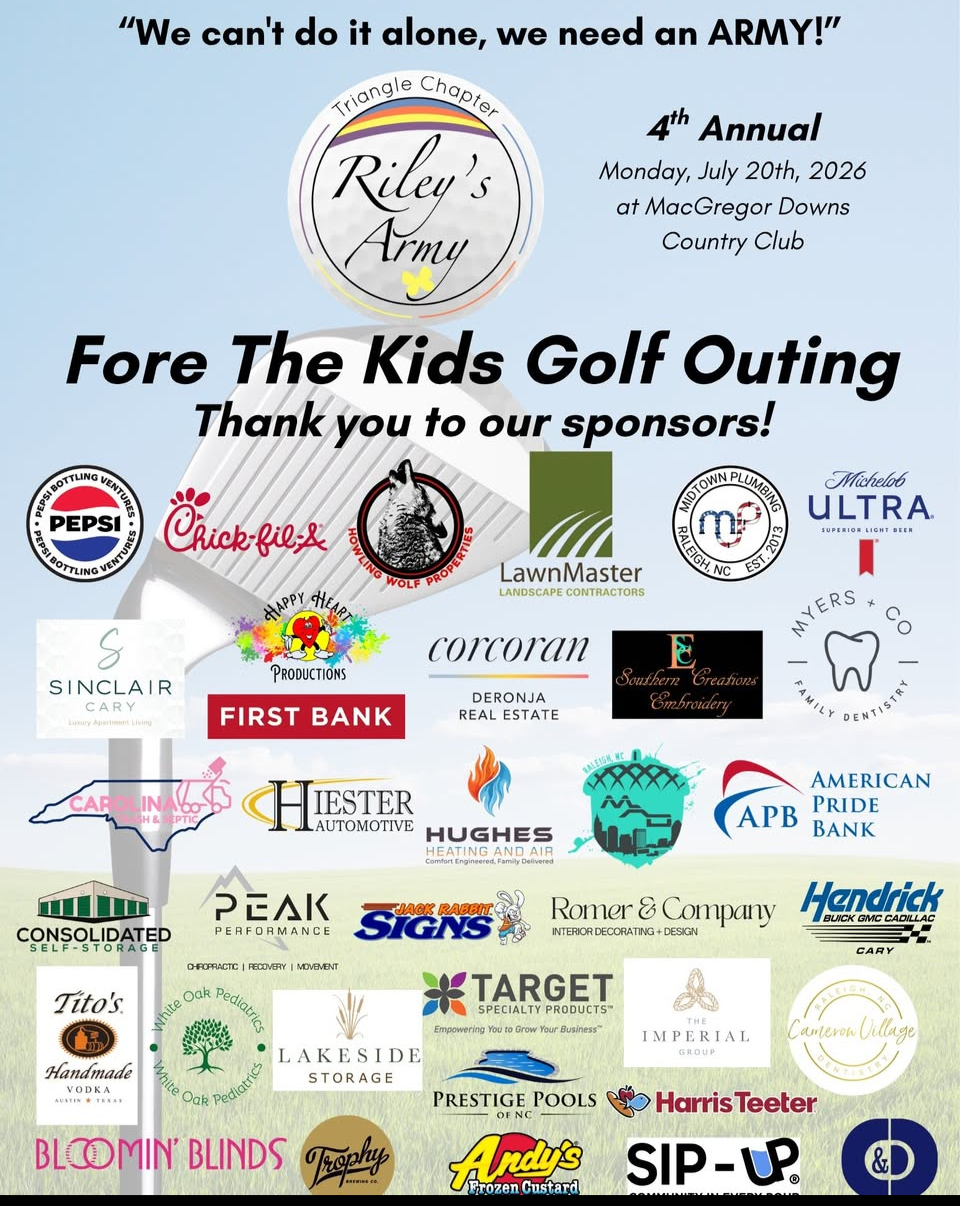 Event poster for Riley's Army 4th Annual Kids' Golf Outing, Monday, July 20th, 2026 at MacGregor Downs Country Club, featuring numerous sponsor logos and a quote 'We can't do it alone, we need an ARMY!'