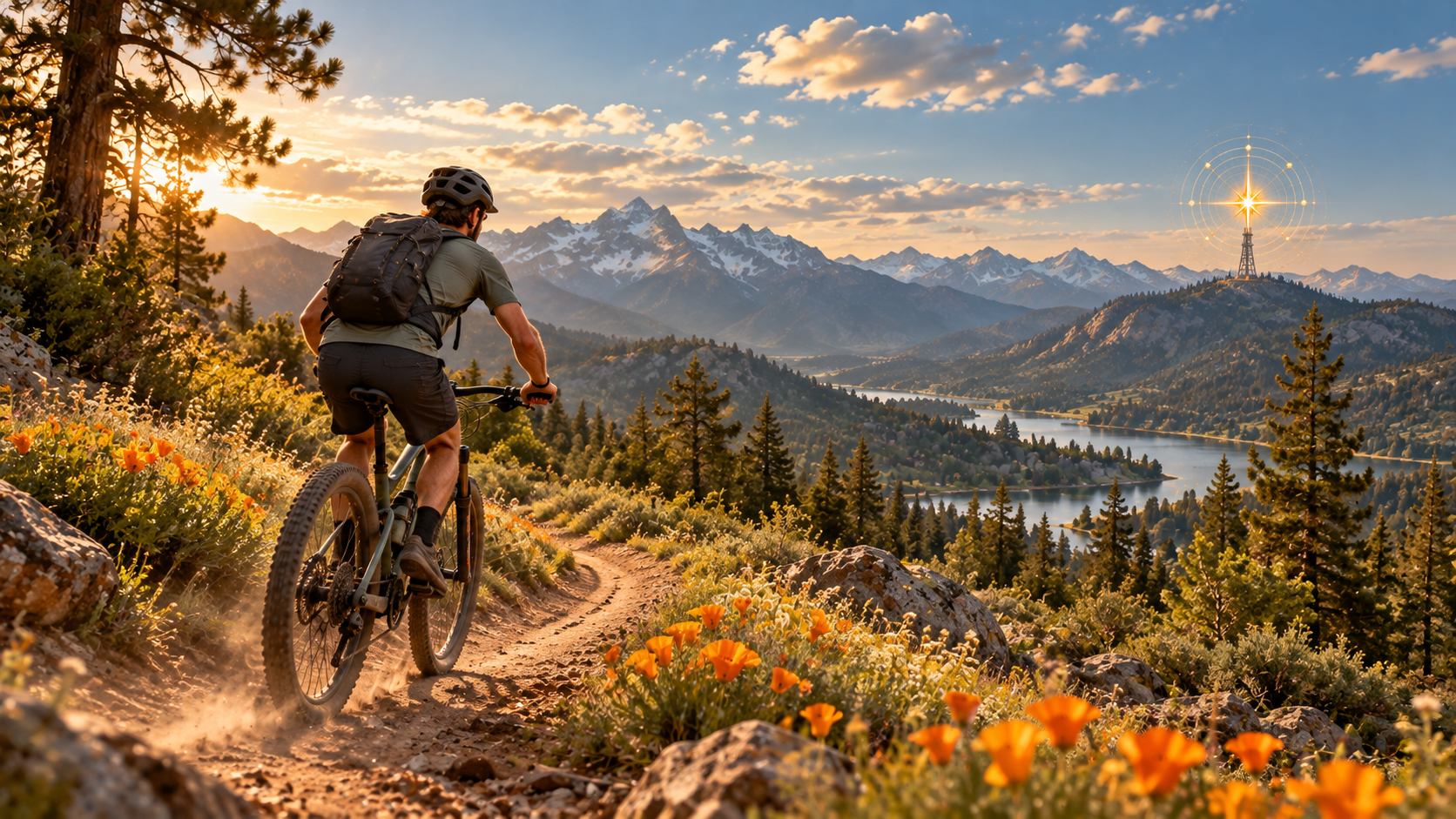 A man mountain biking through poppies and pine forest, with a golden signal antenna on a distant ridge.