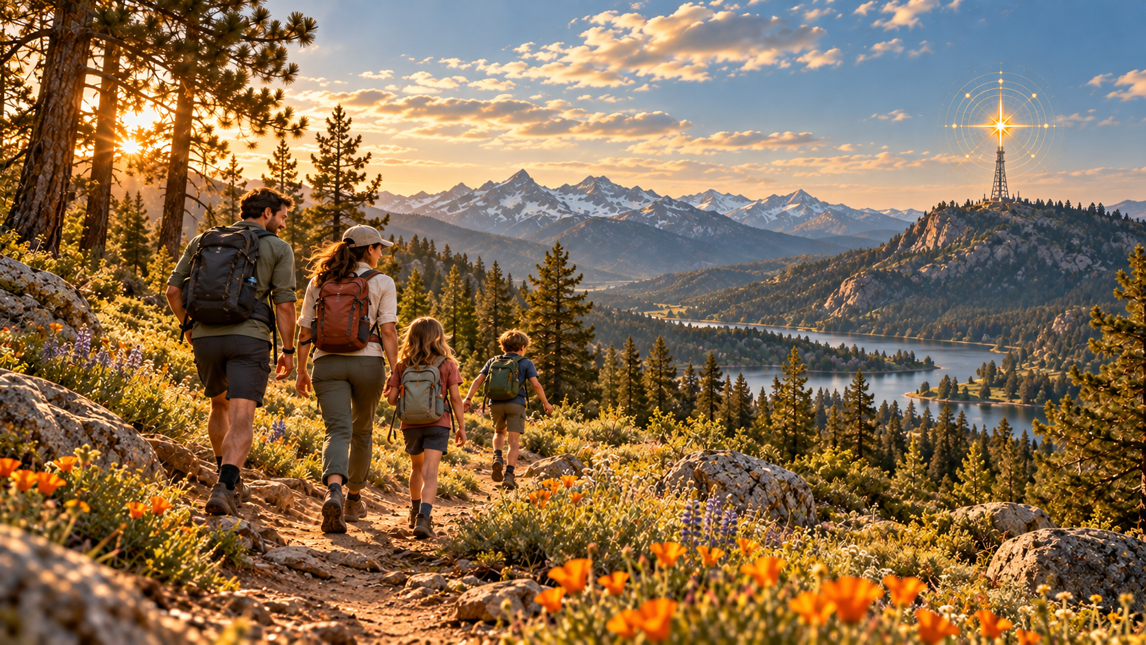 A family hiking a mountain trail with a golden signal antenna on a distant ridge.