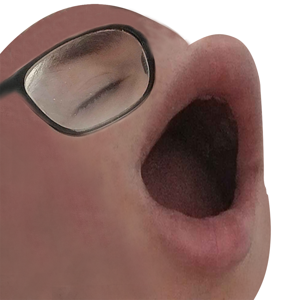 Close-up of a person's face with closed eye, wearing glasses, and mouth open as if singing or yawning.