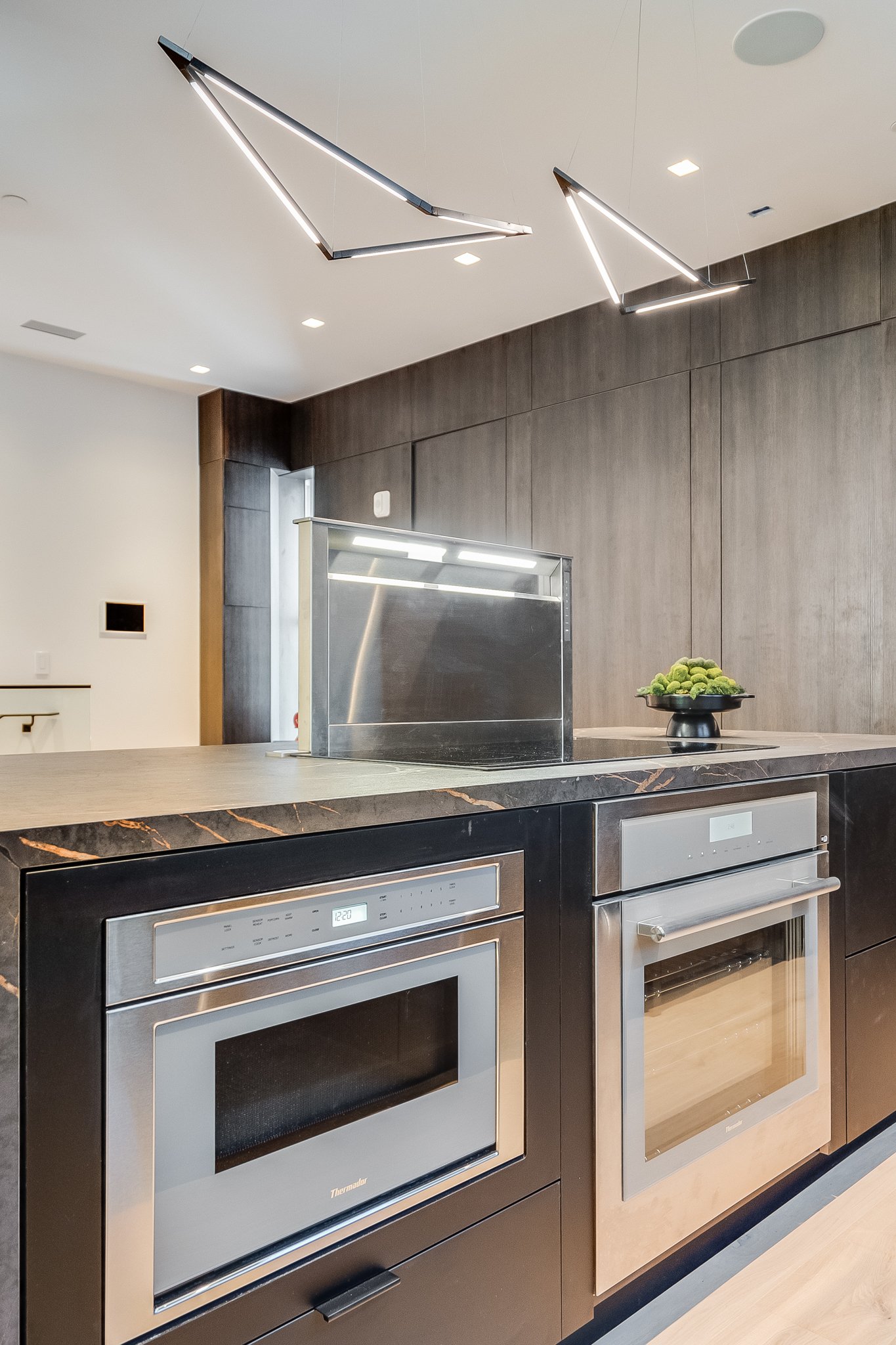 Modern kitchen with built-in oven and microwave, black countertop, dark wood cabinetry, stainless steel range hood, decorative plants on the counter, and contemporary geometric hanging light fixtures.