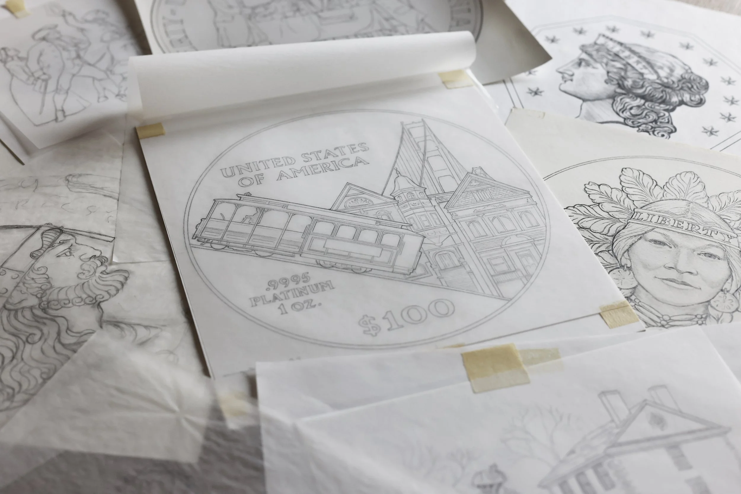 Concept sketch for a commemorative coin design featuring a historic streetcar, architectural landmarks, and city-inspired elements, illustrating the early stages of numismatic artwork development.