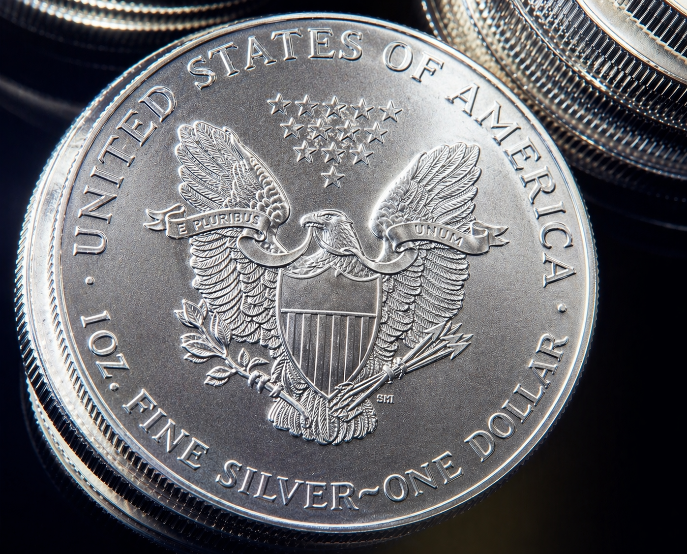 Close-up of the American Silver Eagle reverse designed by John Mercanti, featuring the iconic heraldic eagle that became one of the most recognized bullion coin designs in the world.