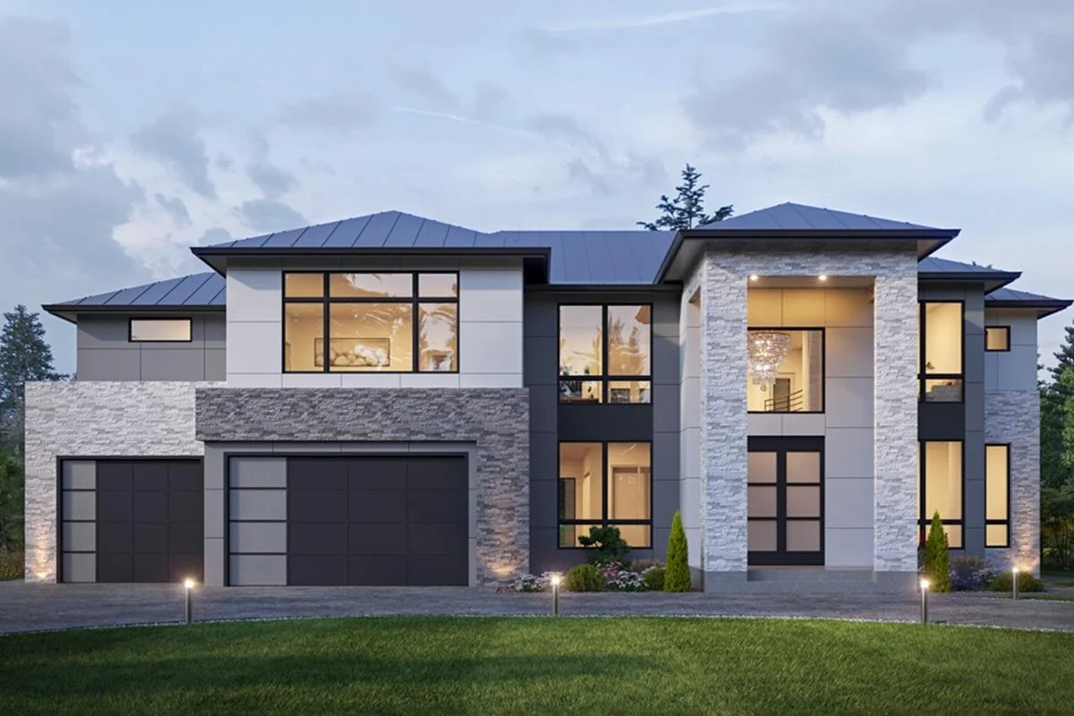 A modern two-story house with large windows, stone and siding exterior, a prominent front porch, attached two-car garage, and landscaped front yard at dusk.