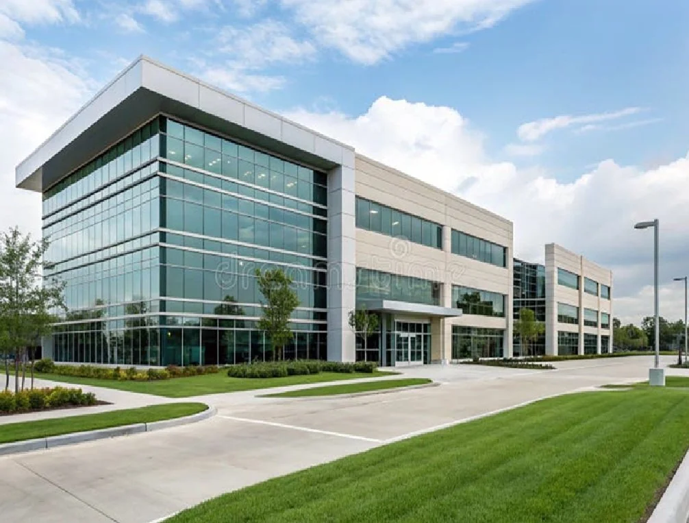 Modern office building with large glass windows, surrounded by manicured lawns and a clear sky.