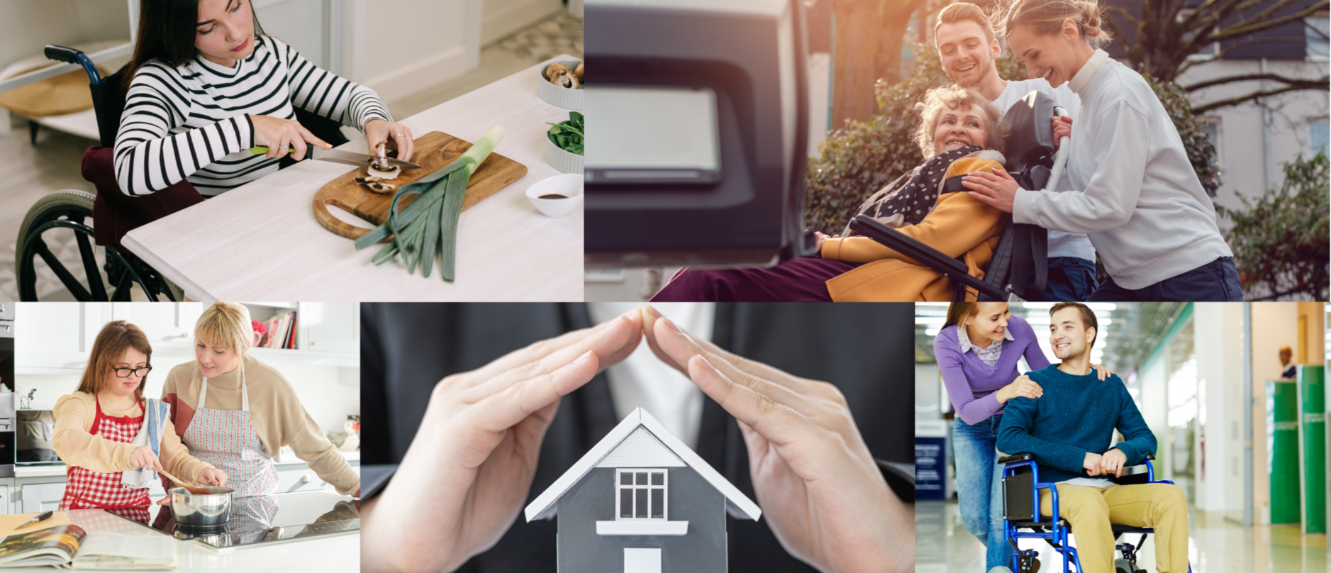 Collage of people engaging in various caring and supportive activities, including cooking, caregiving for a person with disabilities, outdoor socializing, and home safety.