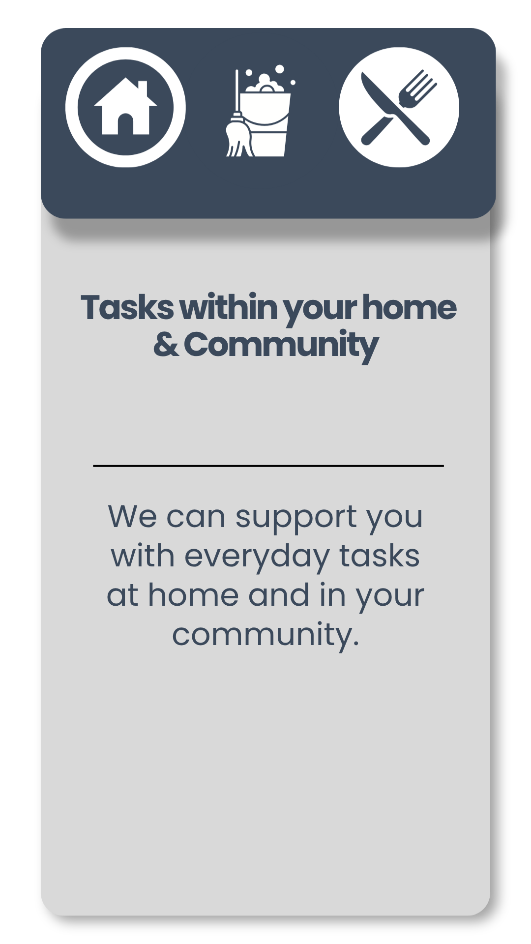 A digital screen displaying icons of a house, cleaning supplies, and cutlery, with text about supporting daily tasks within home and community
