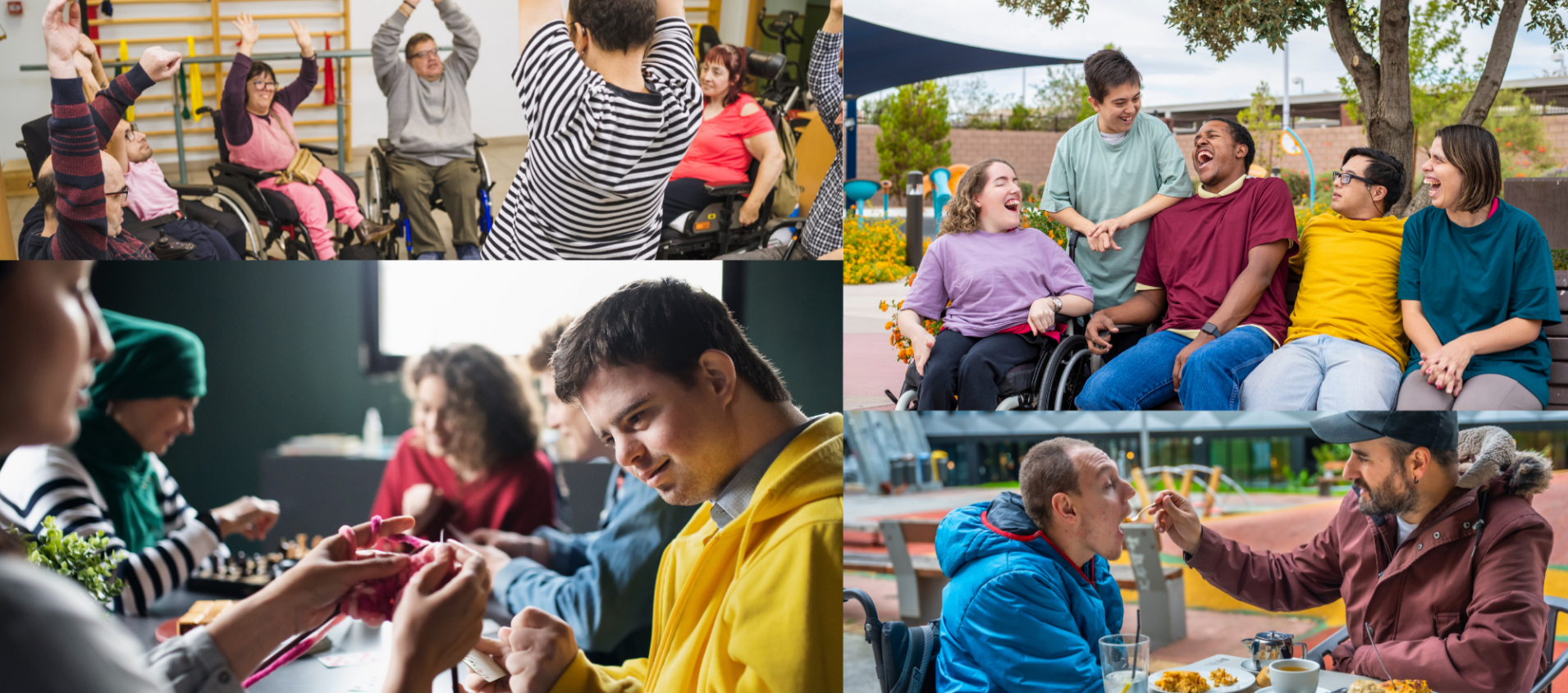 Collage of five images depicting diverse groups of people including individuals with disabilities engaging in various social and recreational activities. Top left: group of people, some in wheelchairs, raising their hands in a room with gym equipment. Top right: group of friends, some in wheelchairs, outdoors sitting on a bench and laughing. Bottom left: people playing chess indoors, one person knitting. Bottom right: two men having a meal outdoors, one feeding the other.