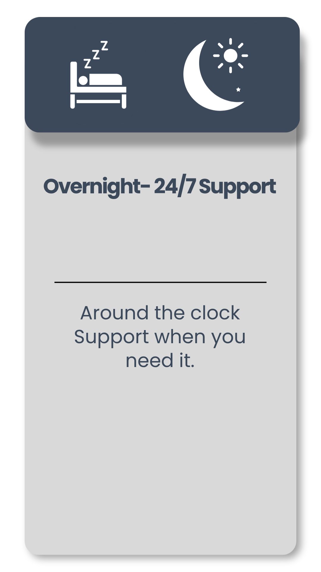Icon of a person sleeping in bed and a moon and sun symbol, indicating 24/7 support available around the clock.
