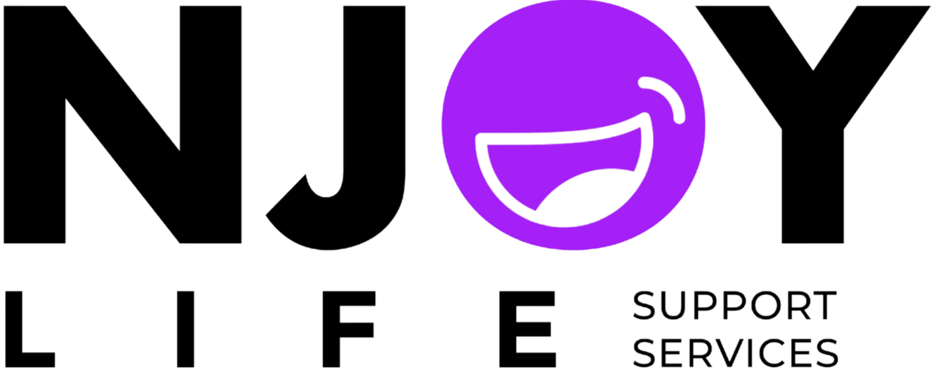 A logo with the word 'joy' in lowercase letters, with the letter 'o' represented by a purple smiley face emoji with a laughing expression. Below it, there is the text 'support services'.