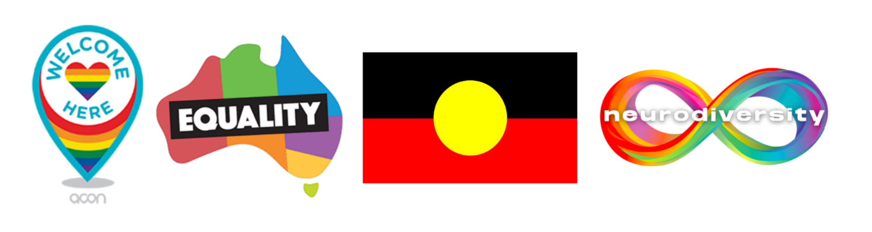 A rainbow-colored map marker with the text 'Welcome Here' and a heart with rainbow stripes, a rectangle with 'EQUALITY', a yellow circle on the Australian flag, and a rainbow-colored infinity symbol with the text 'neurodiversity'.