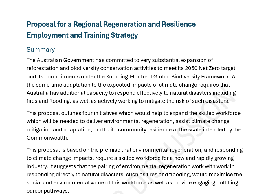 Screenshot of a document titled "Proposal for a Regional Regeneration and Resilience Employment and Training Strategy" with a summary paragraph discussing Australia's environmental goals and initiatives.