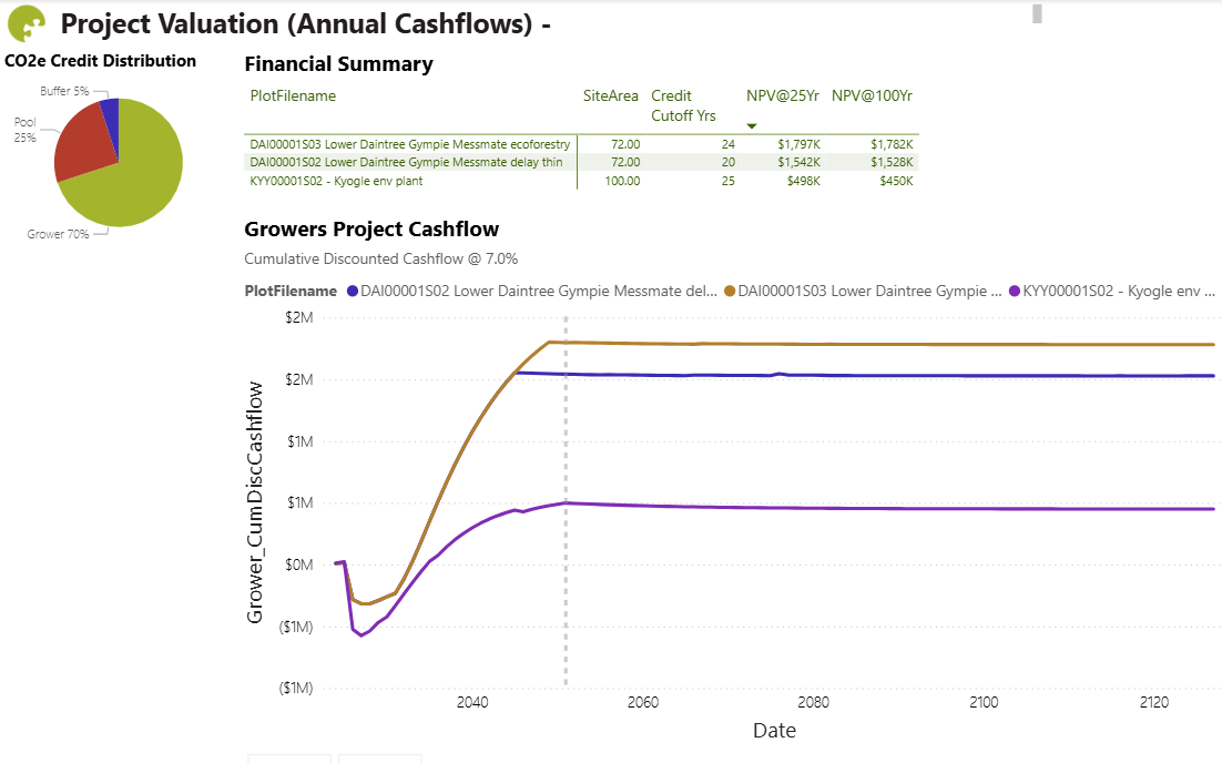 A financial report displaying carbon project valuation and cash flow data, including pie chart, table, and line graph with projected cash flows over time.