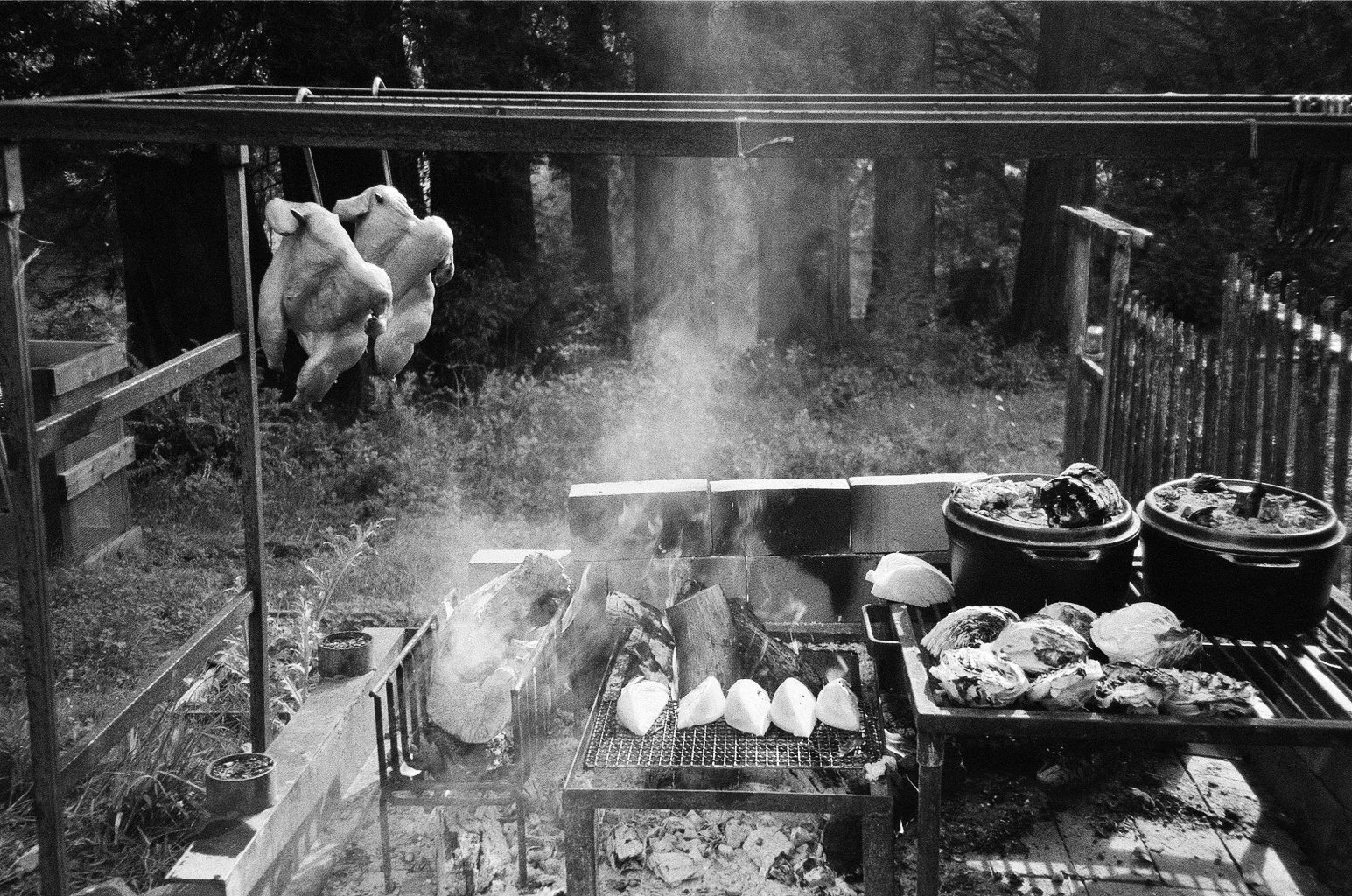 Outdoor barbecue setup with meats on a grill, two large pots, and chickens hanging on a line in a wooded area.