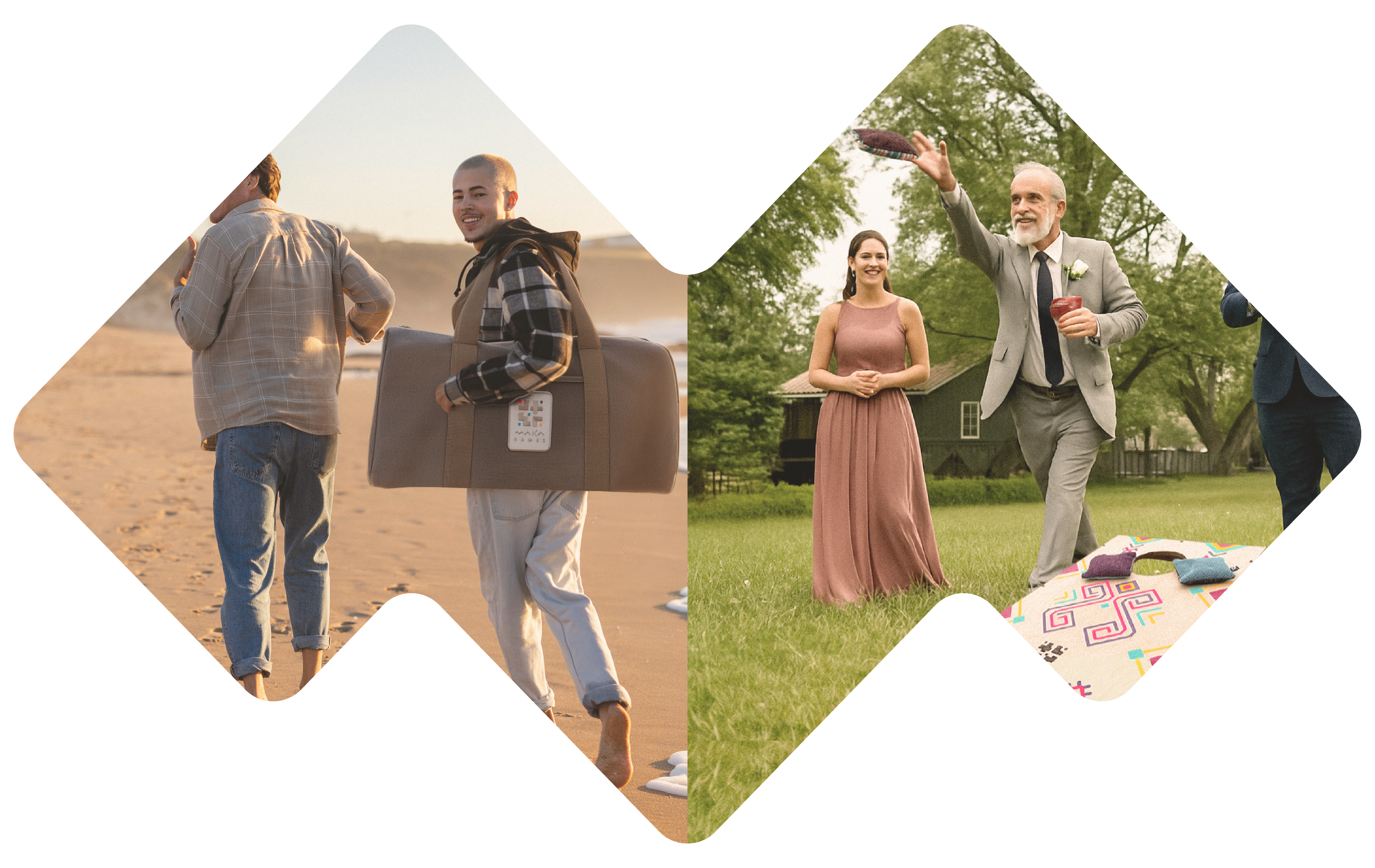 Collage of two scenes: On the left, two young men walking on the beach at sunset, one smiling and carrying a large bag; on the right, a man in a suit and a woman in a pink dress outdoors with trees, as he playfully throws a bean bag, with a group gathered around a game board.