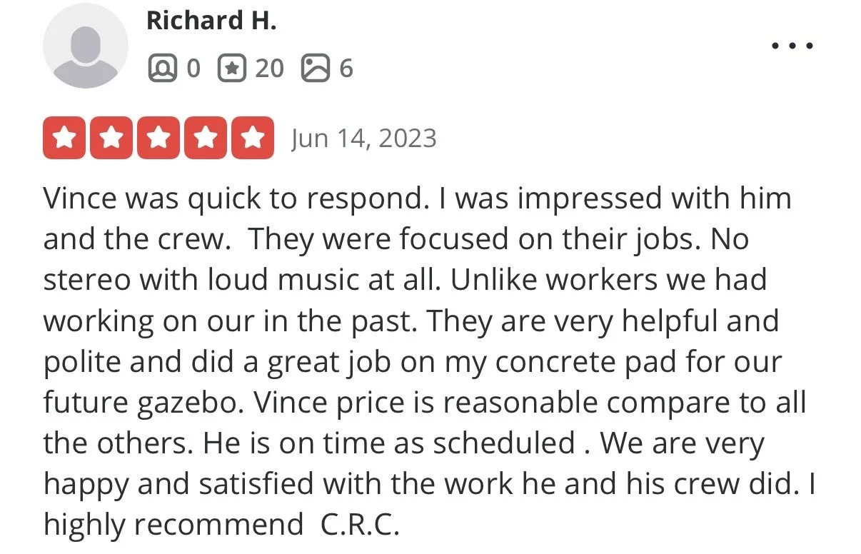 A screenshot of a customer review on an online platform. The review is written by Richard H., dated June 14, 2023. The review contains a five-star rating and positive comments about Vince and his crew, mentioning their professionalism, helpfulness, and reasonable pricing.