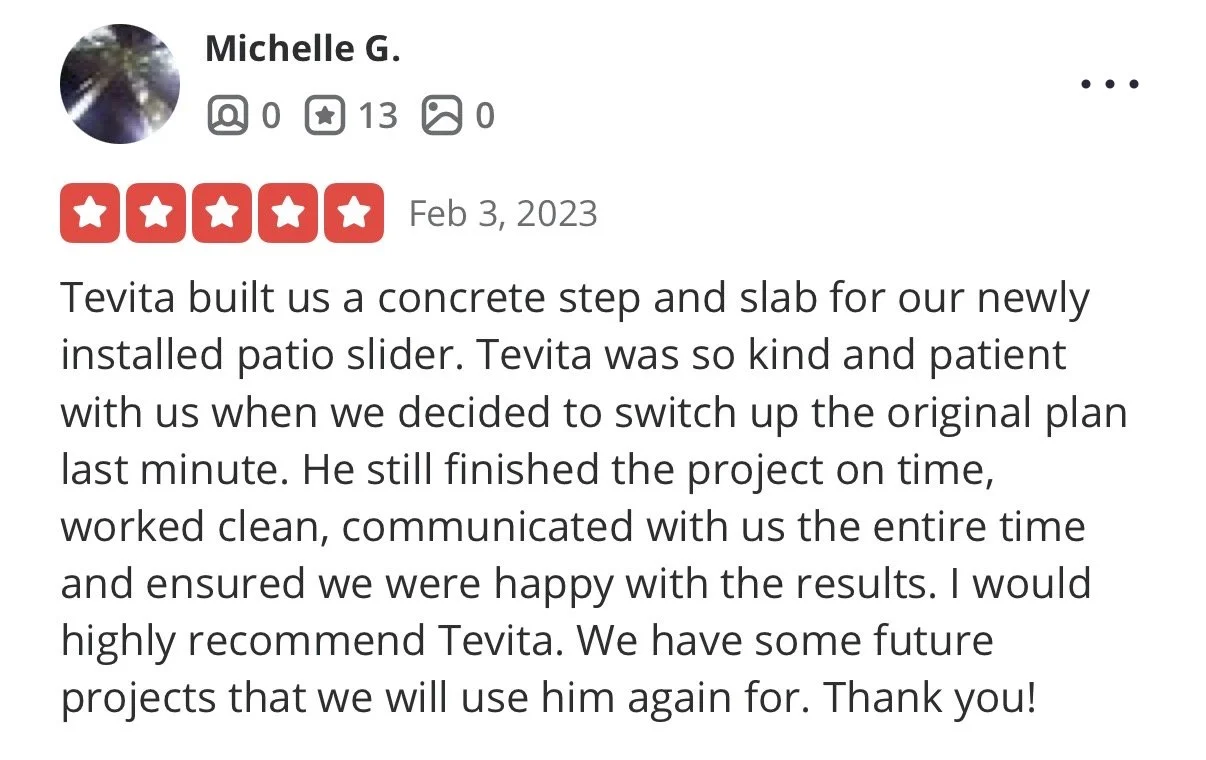 Screenshot of a positive review for Tevita, praising his work on a concrete step and slab for a patio slider, dated February 3, 2023.