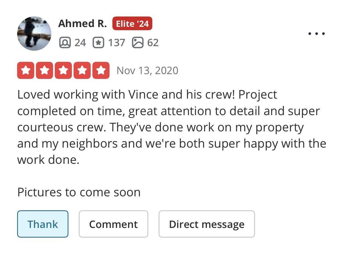 Screenshot of a positive review from Ahmed R., praising Vince and his crew for their timely work, attention to detail, and courteous service, with no image content.