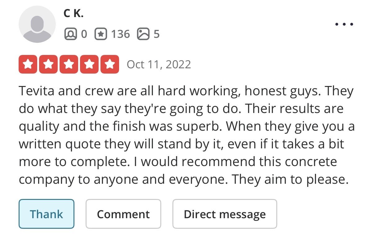 Customer review praising Tevita and his crew for their hardworking, honest, and high-quality concrete work, with a five-star rating.