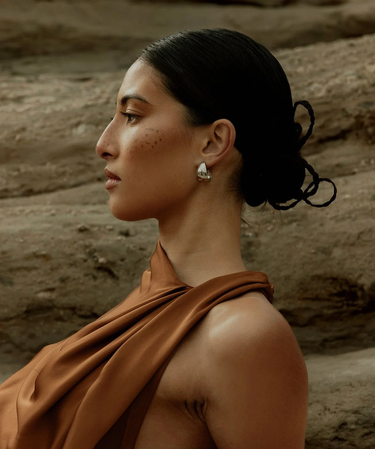 Profile of a woman with dark hair styled in an updo, wearing a brown silk scarf and shiny silver earrings, against a rocky background.